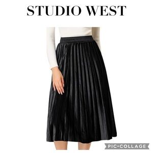 Studio West black satin pleaded midi skirt elastic waist size XL NWT